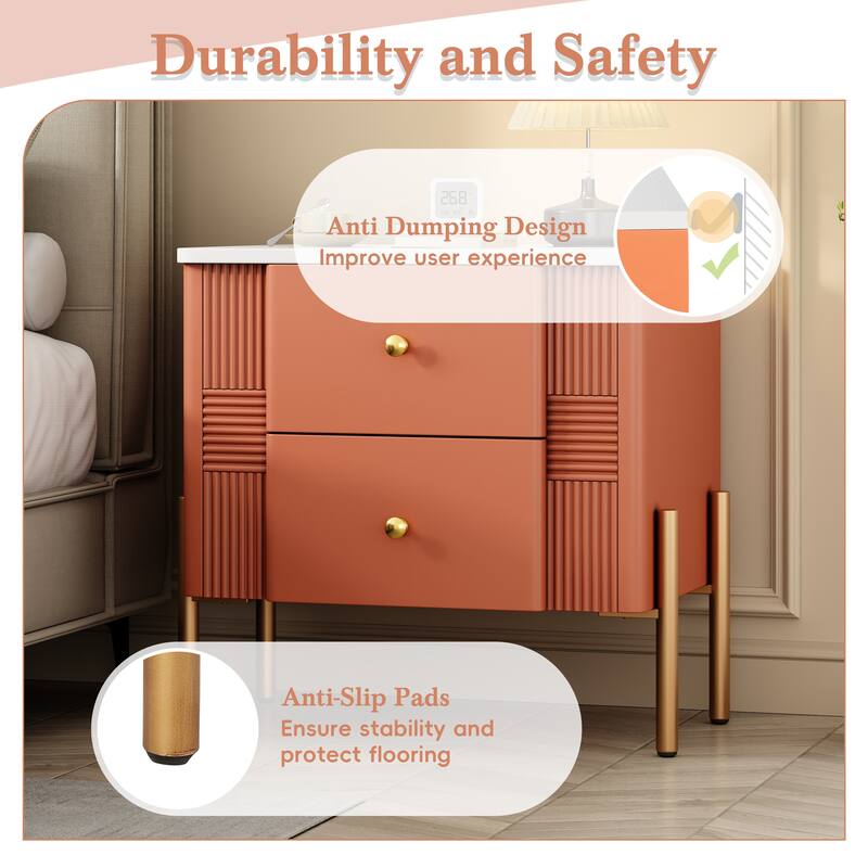 Modern Fluted Nightstand with 2 Drawers, Golden Metal Handles and Legs, Multi-Scene Use, Easy Assembly, Orange