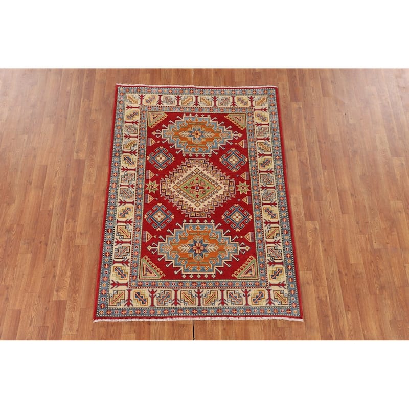 Red Geometric Kazak Oriental Rug Hand-Knotted Traditional Wool Carpet - 4'1" x 5'10"