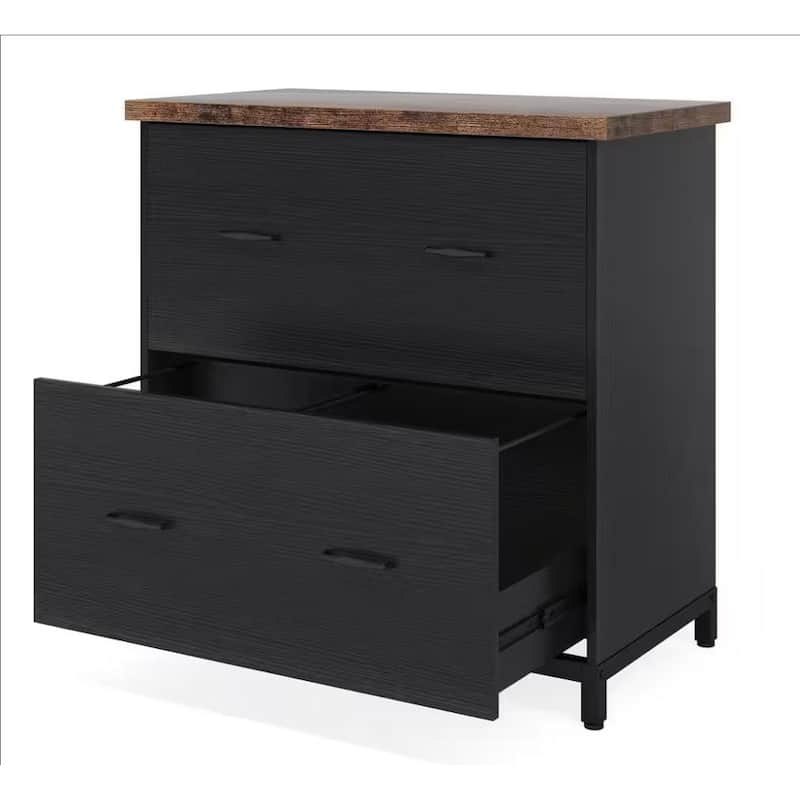 2-Drawer Lateral File Cabinet, Rustic Wood Filing Cabinet, Brown & Black
