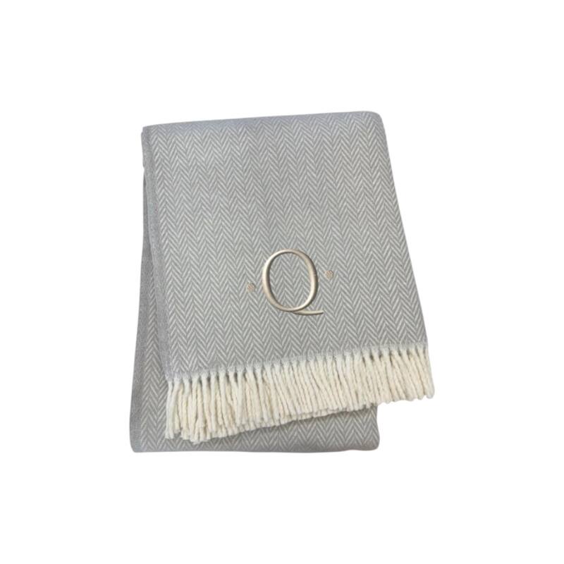 55" X 70" Gray And White Herringbone Cotton Blend A Initial Throw Blanket with Tassels And Embroidery - Q