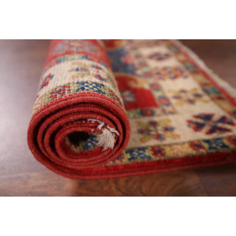 Red Geometric Kazak Foyer Rug Hand-Knotted Wool Carpet - 1'11" x 3'2"