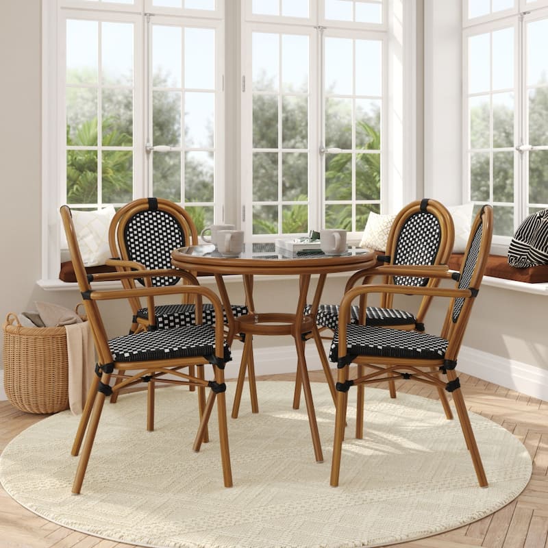 Indoor/Outdoor Commercial Bistro Set with Table and Four Chairs - Black & White Rattan/Natural Frame