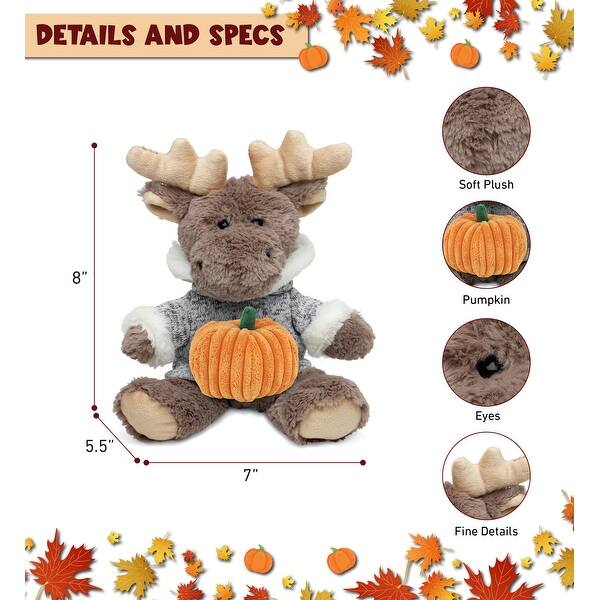 DolliBu Sitting Moose with Sweater Stuffed Animal with Pumpkin Decor - 8 inches