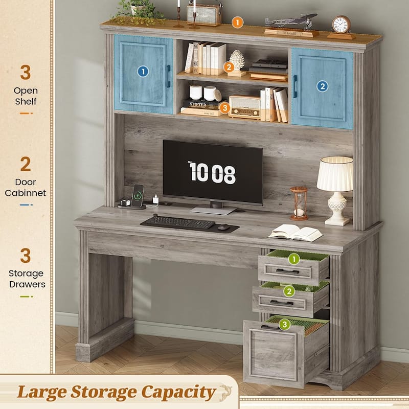 Farmhouse Executive Desk Home Office Desk File Drawer Monitor Stand Power Outlet