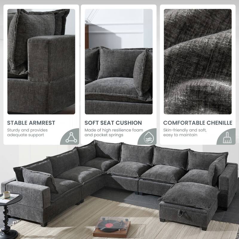 117.5" U-Shaped Chenille Sectional Sofa with Movable Storage Ottoman