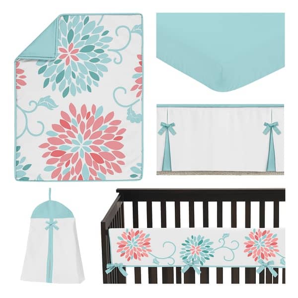 Turquoise And Coral Floral Collection Girl 5 Piece Nursery Crib Bedding Set Teal Blue And Pink Emma Flower Overstock 31785098