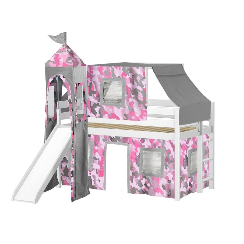JACKPOT Prince & Princess Low Loft Twin Bed, Ladder Slide Tent & Tower