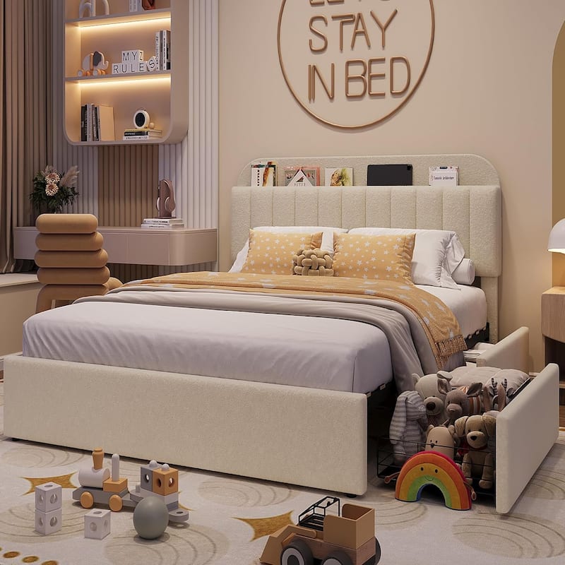 Bed Frame with 2 Drawers, Boucle Upholstered