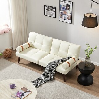 Modern Convertible Linen Fabric Sofa Bed Futon with Wood Legs, Ivory ...
