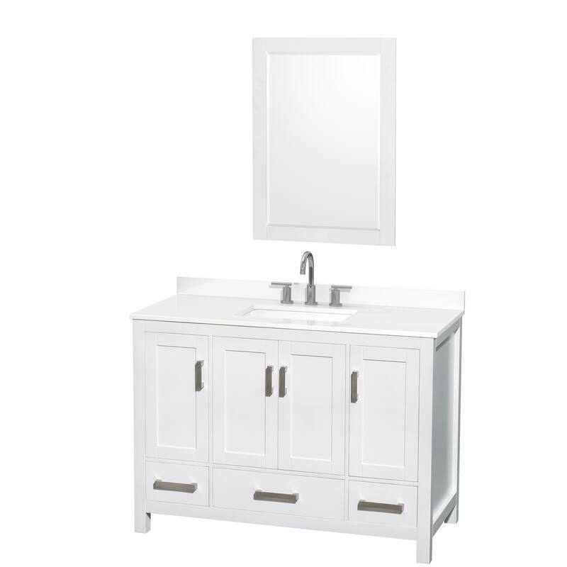 Sheffield 48-inch Single Vanity, 3 Hole Quartz Top, 24-inch Mirror - White, Chrome Trim, White Quartz Top