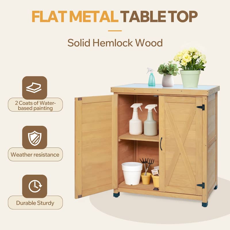 Potting Bench with Storage Cabinet and Metal Table Top for Outdoor Patio,Outdoor Work Station Table