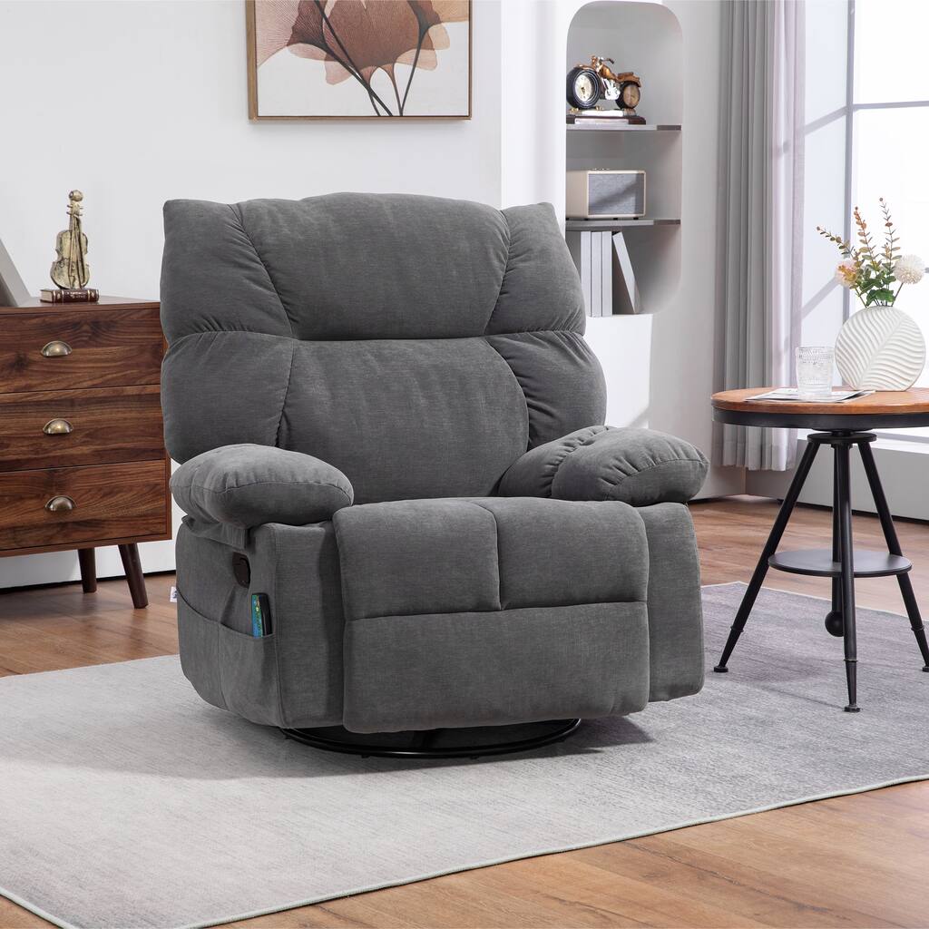 Dark Gray Oversized Chenille Upholstered 360° Swivel Rocker Manual Recliner with Vibration Massage and Lumbar Heating