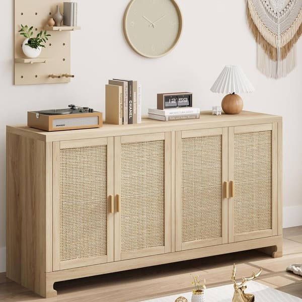 slide 2 of 7, Beige Rattan Accent Storage Cabinet with 4 Doors Beige/Khaki