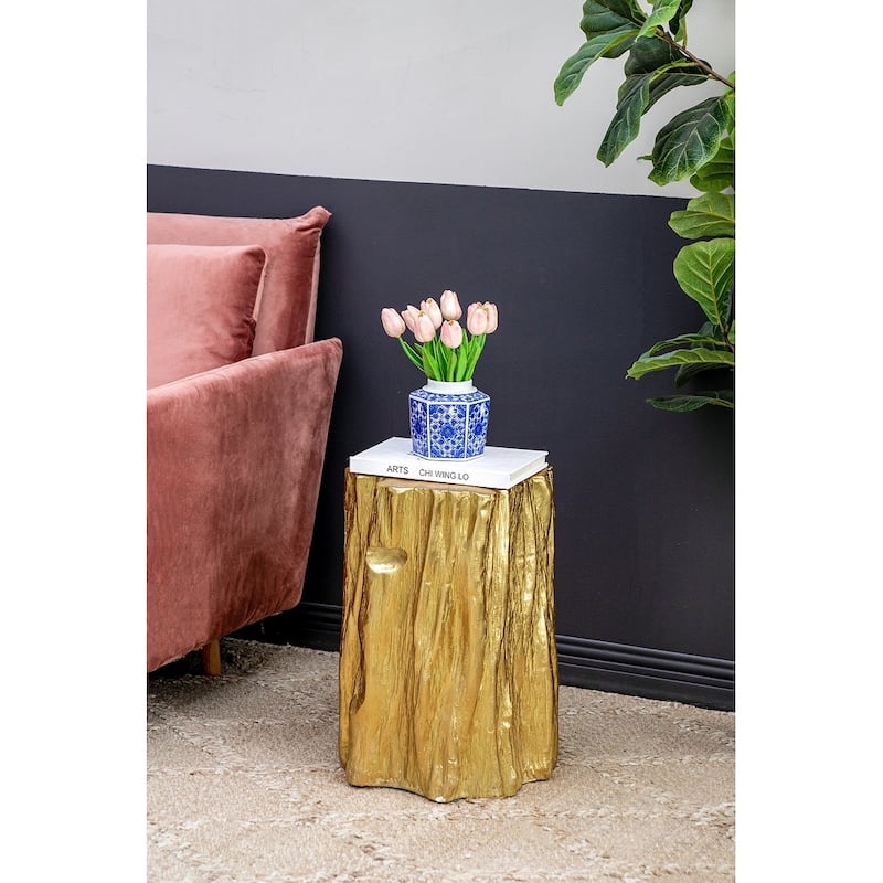 GDFStudio Evelyn Bardot Unique 20" Tree Trunk Accent Stool in Antique Gold with Hand-Crafted Texture - 13.5" W x 13" D x 20" H