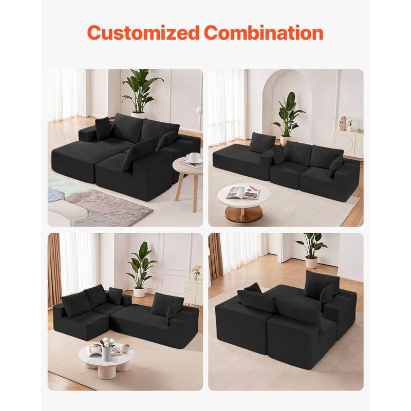 Black Corduroy Modular Sectional Sofa with Wide Armrests and Deep Seating - 104.3” L x 65” W x 22.4” H