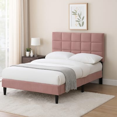 Lilian Full Bed, Tufted Pink Linen Upholstery, Biscuit Tufted Stitch