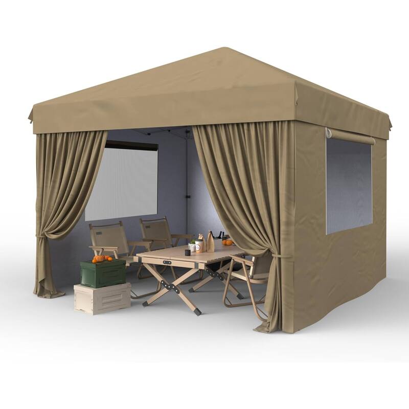 Outdoor 4-Sidewall 10x10 Pop Up Canopy Tent for Picnics, Camping - Kahki