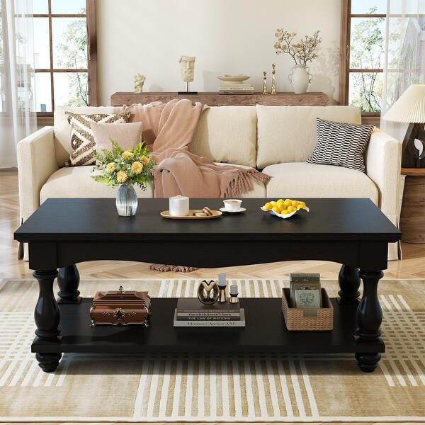 French Country Coffee Table with Storage Shlef, Farmhoues