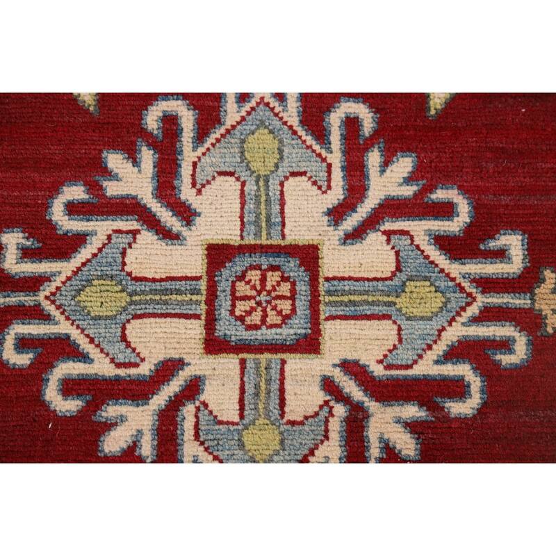 Red Geometric Kazak Runner Rug Handmade Oriental Wool Carpet - 2'9" x 10'1"