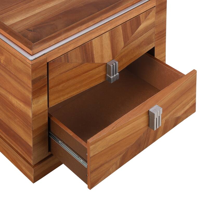 Mid-Century Modern 2-Drawer Diamond Wood End Table with Storage - Light Brown