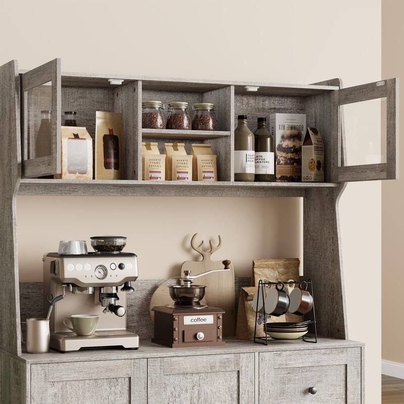 67" Tall Kitchen Hutch Storage Cabinet, Farmhosue Coffee Bar Cabinet with 3 Drawers