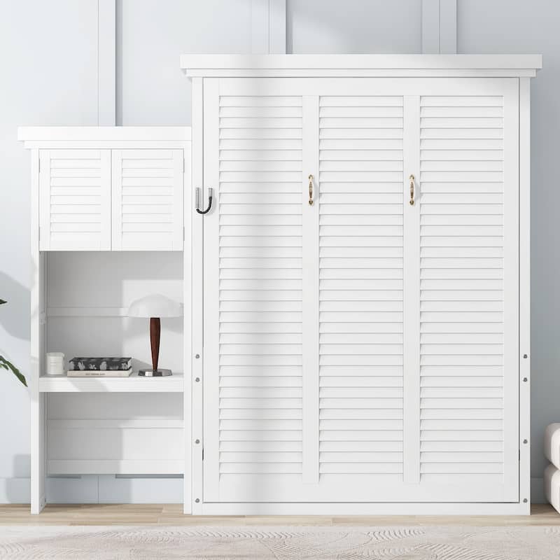 Queen Size Murphy Bed with Storage Shelves and Louvered Design, White