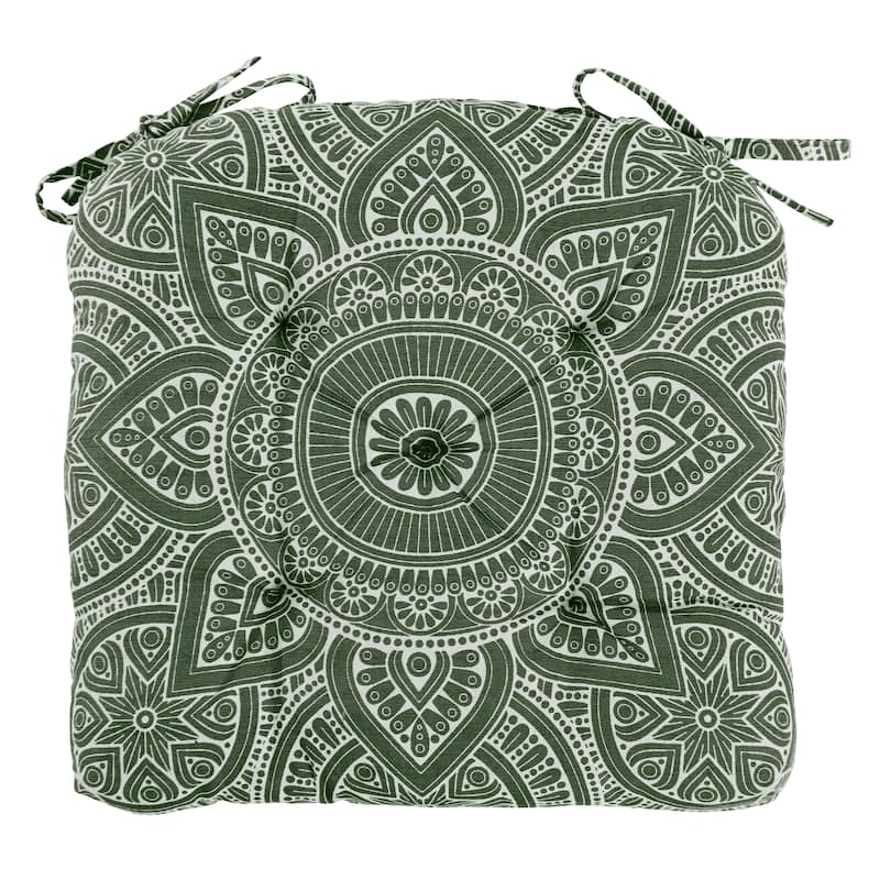 Handmade Cotton Mandala Chair Pads Cushion 16" Thick Chair Pads with Ties - Forest Green