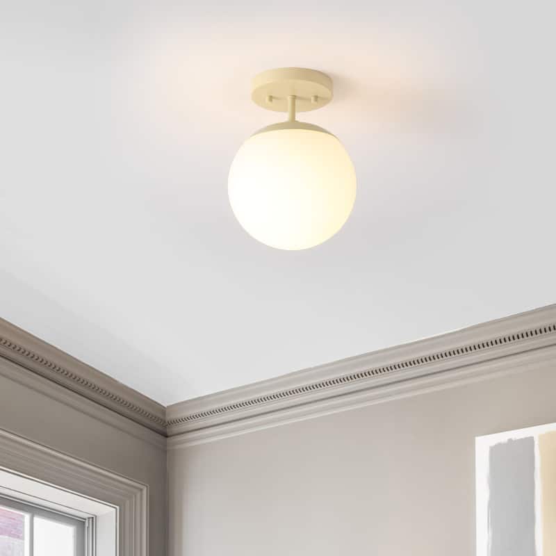 Galax Bistro 7.75" 1-Light Bohemian Farmhouse Iron/Frosted Glass LED Semi Flush Mount, Brass Gold/White by JONATHAN Y