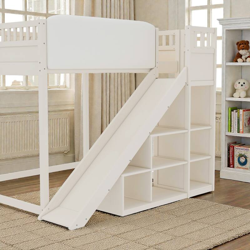 Loft Bed with Upholstered Headboard, Storage Shelves, Ladder and Slide, Solid Wood Frame
