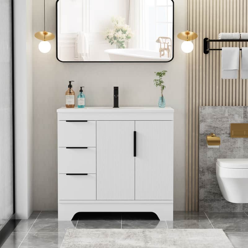 Vertical Stripes Bathroom Vanity Set with Sink Top & Faucet - 36"Left - White-36"Left