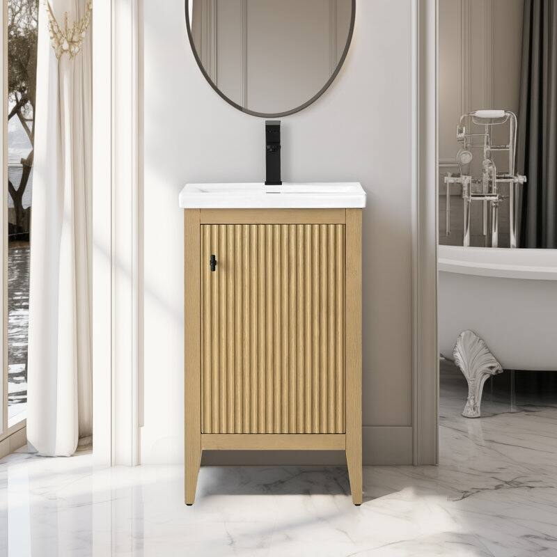 Vanity Art 20" Single Sink Bathroom Vanity Cabinet with Ceramic Top - 20"/Matte Black Handle - Linear Natural Oak