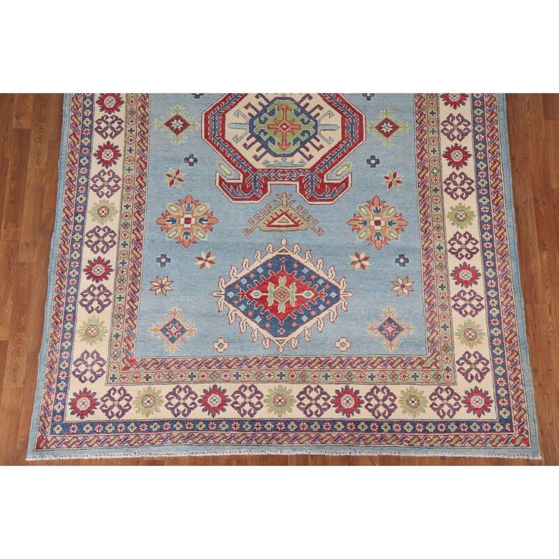 Hand Knotted Oriental 100% Wool Carpet Traditional Geometric Navy Blue & Blues Kazak Area Rug - 10' 0'' X 6' 9''