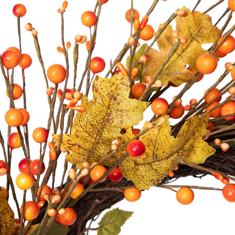 Berries and Maple Leaves Artificial Fall Harvest Twig Wreath - 22"