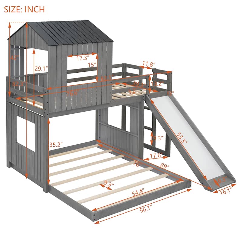 Wooden Twin Over Full Bunk Bed, Loft Bed with Playhouse, Farmhouse, Ladder, Slide and Guardrails, Antique Gray