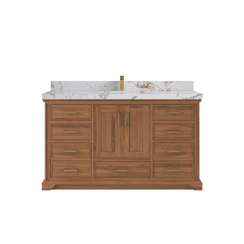Willow Collections 60 in. W x 22 in. D Charlotte Teak Single Sink Bathroom Solid Teak Vanity with Countertop - 2"Viola Gold - Dark Natural