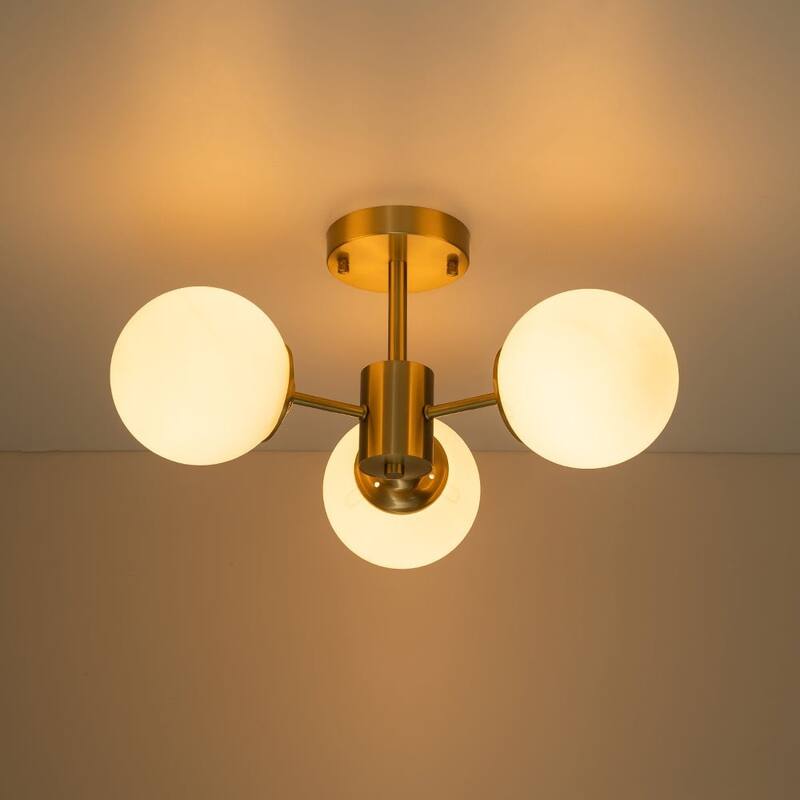 Modern Brushed Brass 3-Light Matte Glass Semi-flush Mount - Brushed Brass