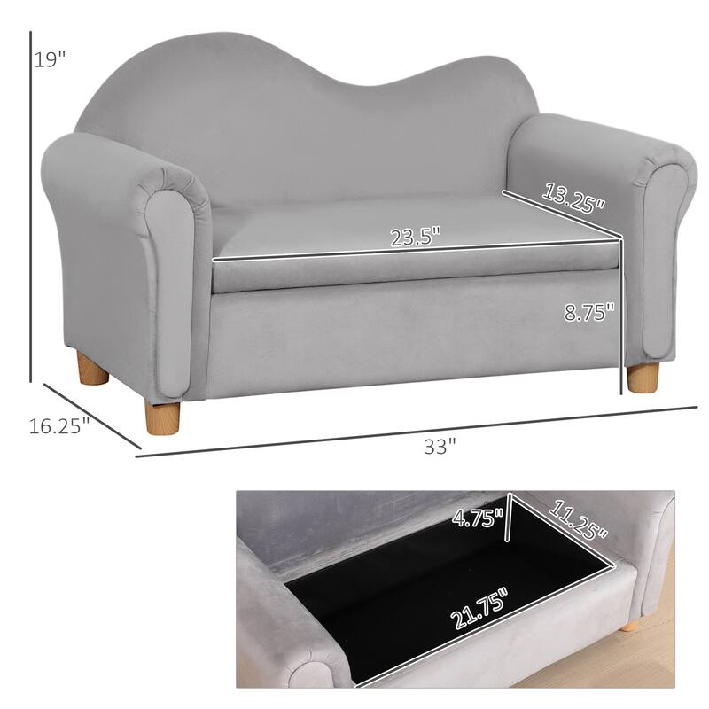 Grey Toddler Sofa Chair with Velvet Cover and Thick Sponge Padding and Hidden Storage for Kids - 33" L x 16.25" W x 19" H