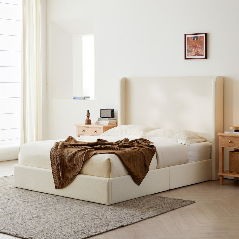 Upholstered Wingback Platform Bed with High Headboard, King Size Platform Bed Frame, Wood and Metal Slat Support, Noise Free - Ivory - King