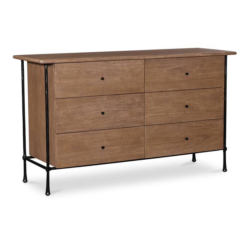 NADAAL STUDIOS Valenor Brown Acacia Wood and Hammered Iron 6-Drawer Dresser