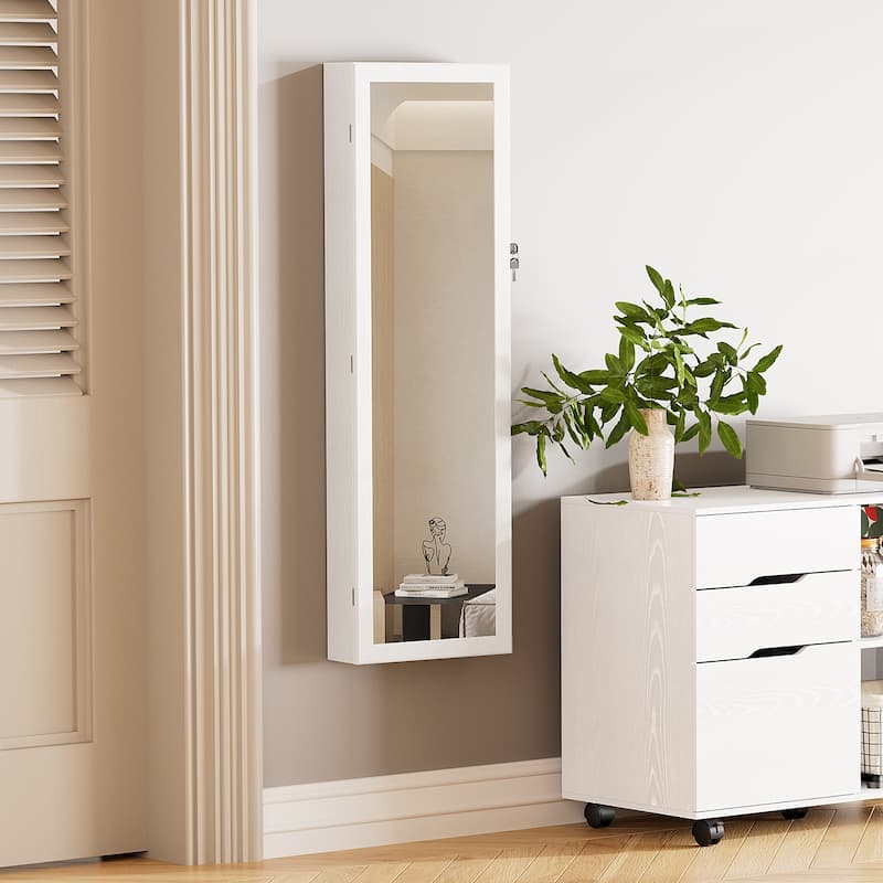 Full-Length LED Jewelry Mirror Cabinet - Lockable Wall/Door Mounted Armoire with 2 Drawers & 6 Lights