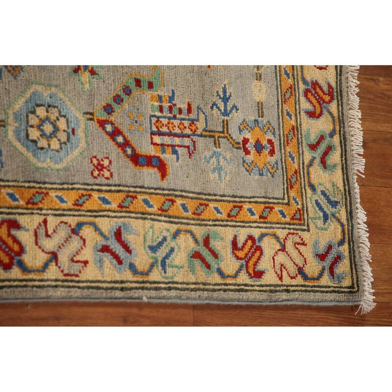 Geometric Kazak Runner Rug Handmade Grey Wool Carpet - 2'8" x 16'3"
