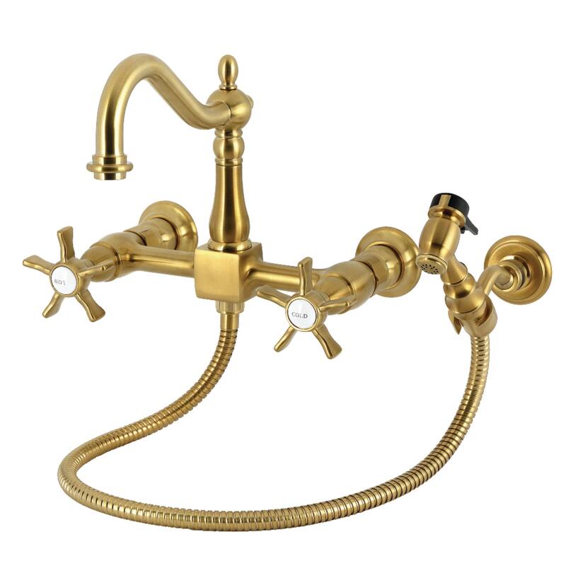 Kingston Brass Essex Double-Handle Wall-Mount Pre-Rinse Bridge Kitchen Faucet - Brushed Brass