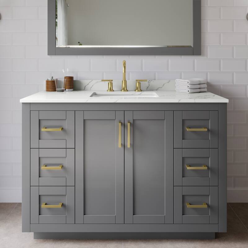 Wyndham Collection WCF292948S-QTZ-US3M46 Miranda 48" Free Standing - Dark Gray / Giotto Quartz Top / Brushed Gold