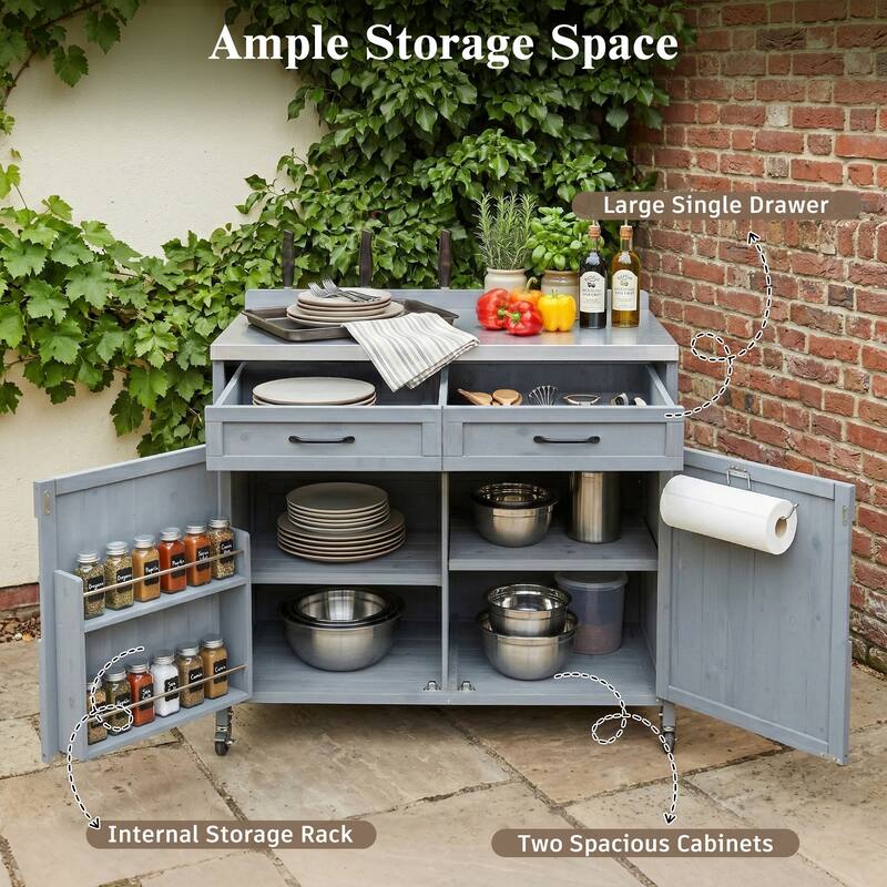 39.4" Outdoor Kitchen Island with Stainless Table Top, with One Large Drawer, Internal Storage Racks & 4 Wheels