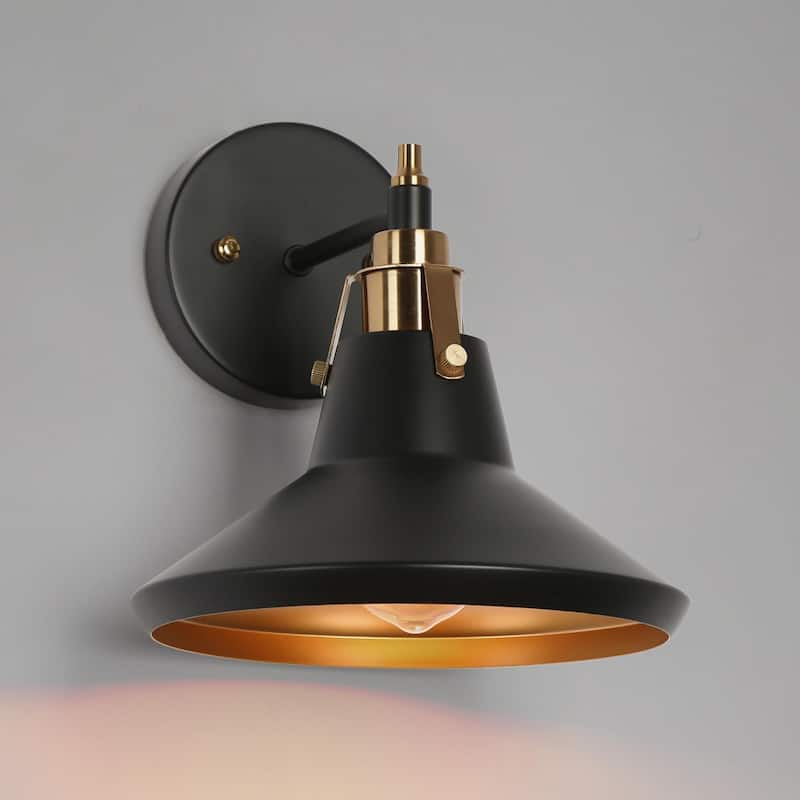 Modern 1-Light Black Gold Wall Sconce Industrial Metal Cone Shade Vanity Light Fixture for Bathroom - 8.5" L x 8.5" W x 9" H