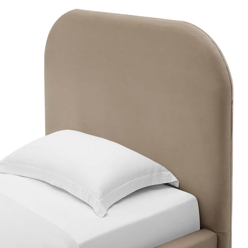 Hillsway Modern Curved Headboard Taupe Velvet Upholstered Twin Size Platform Bed
