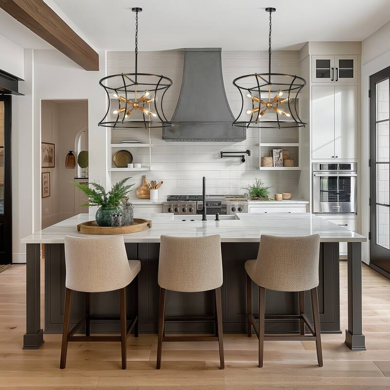 Modern 8-Light 29.5"D Chandelier Black Gold Drum-Shaped Large Pendant for Dining Room - Drum