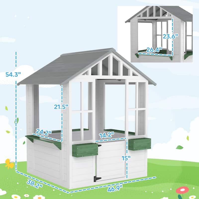 White Wooden Kids Outdoor Playhouse with Windows Serving Station and Flowerpot Holders for Ages 3 to 8