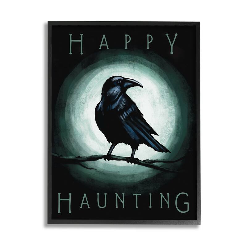 Stupell Happy Hauntings Phrase Black Crow Perched Festive Halloween Framed Wall Art - 16 x 20 - Black