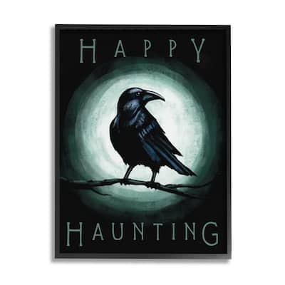 Stupell Happy Hauntings Phrase Black Crow Perched Festive Halloween Framed Wall Art